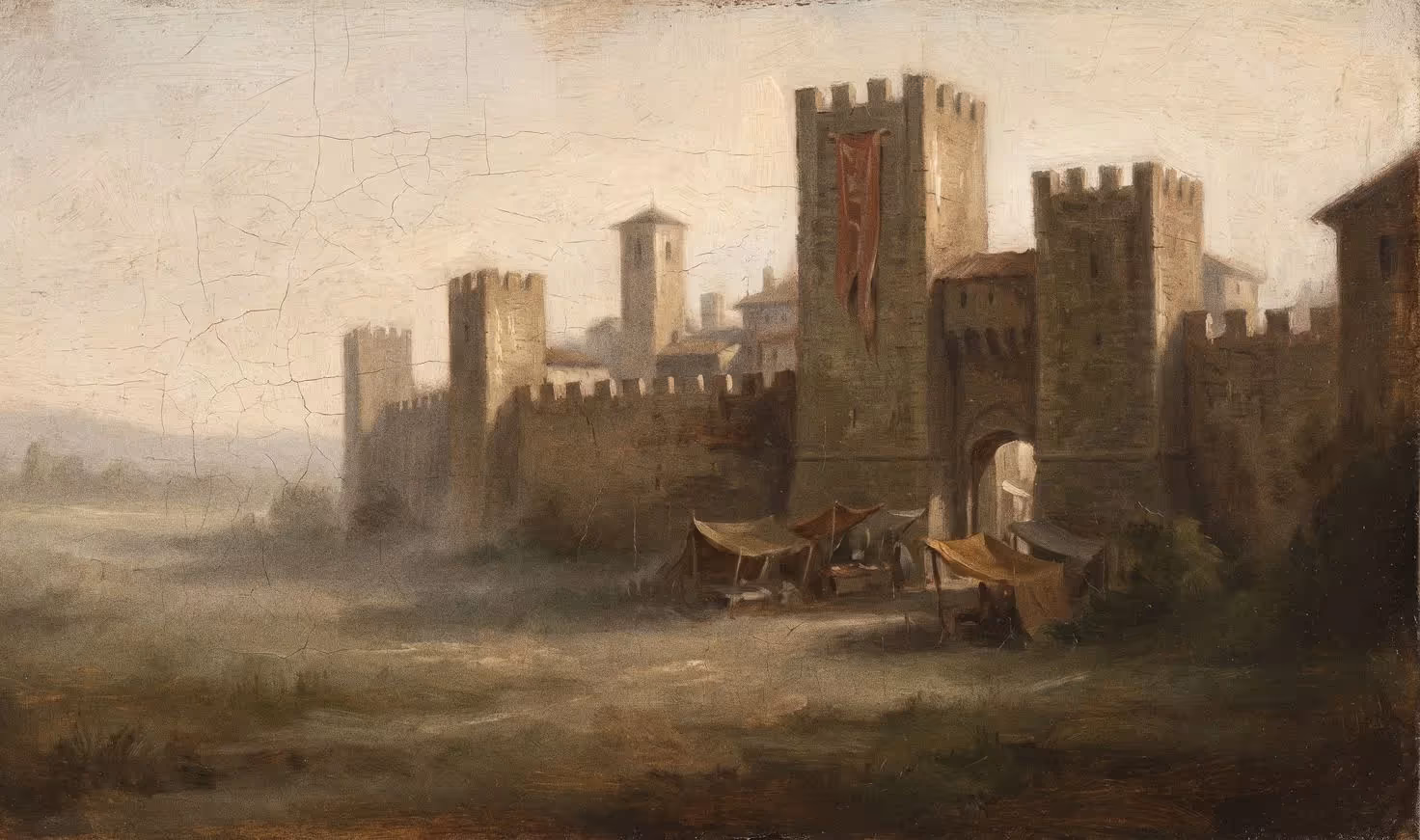 Renaissance-style oil painting of a walled hill town at dawn with market stalls in the square and a single red banner above the rooftops
