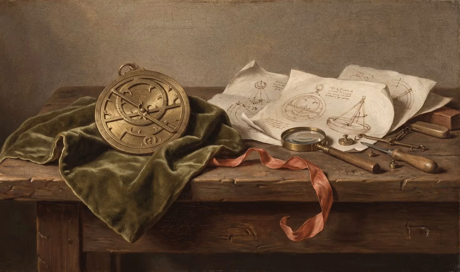 Renaissance-style still life of a craftsman's bench with a finished astrolabe, measuring tools and a red ribbon