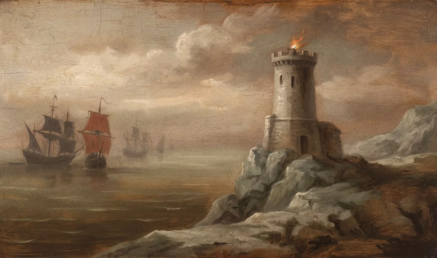 Renaissance-style oil painting of a hilltop signal tower with a single red pennant above a wooded valley