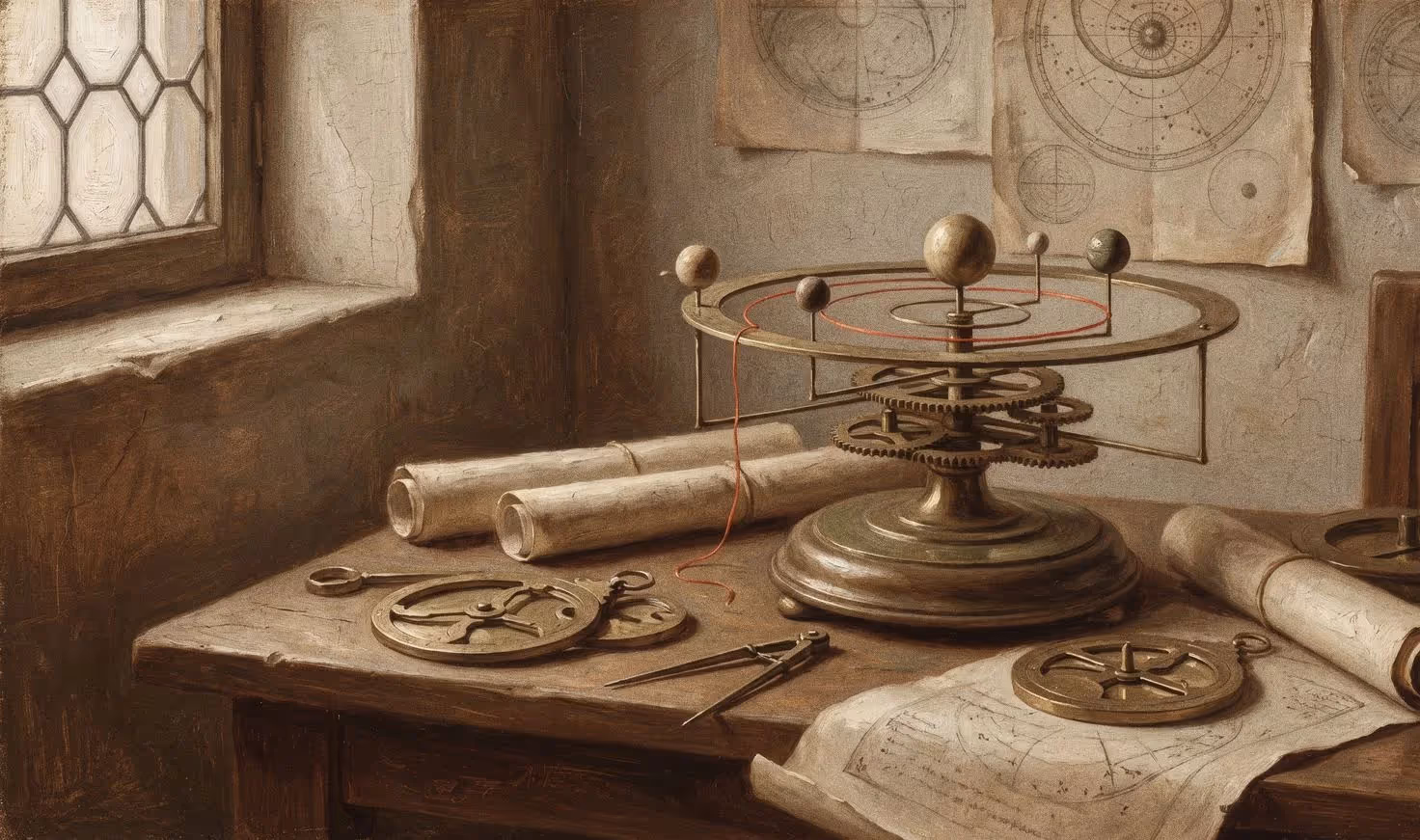 Renaissance-style study of an orrery and geometric instruments on a scholar's table, a red thread tracing an orbit