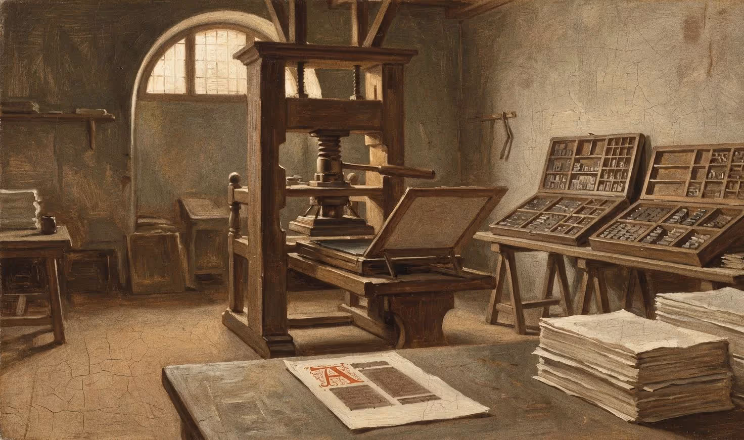 Renaissance-style painting of a printing workshop with a wooden press, type cases and a red inked sheet