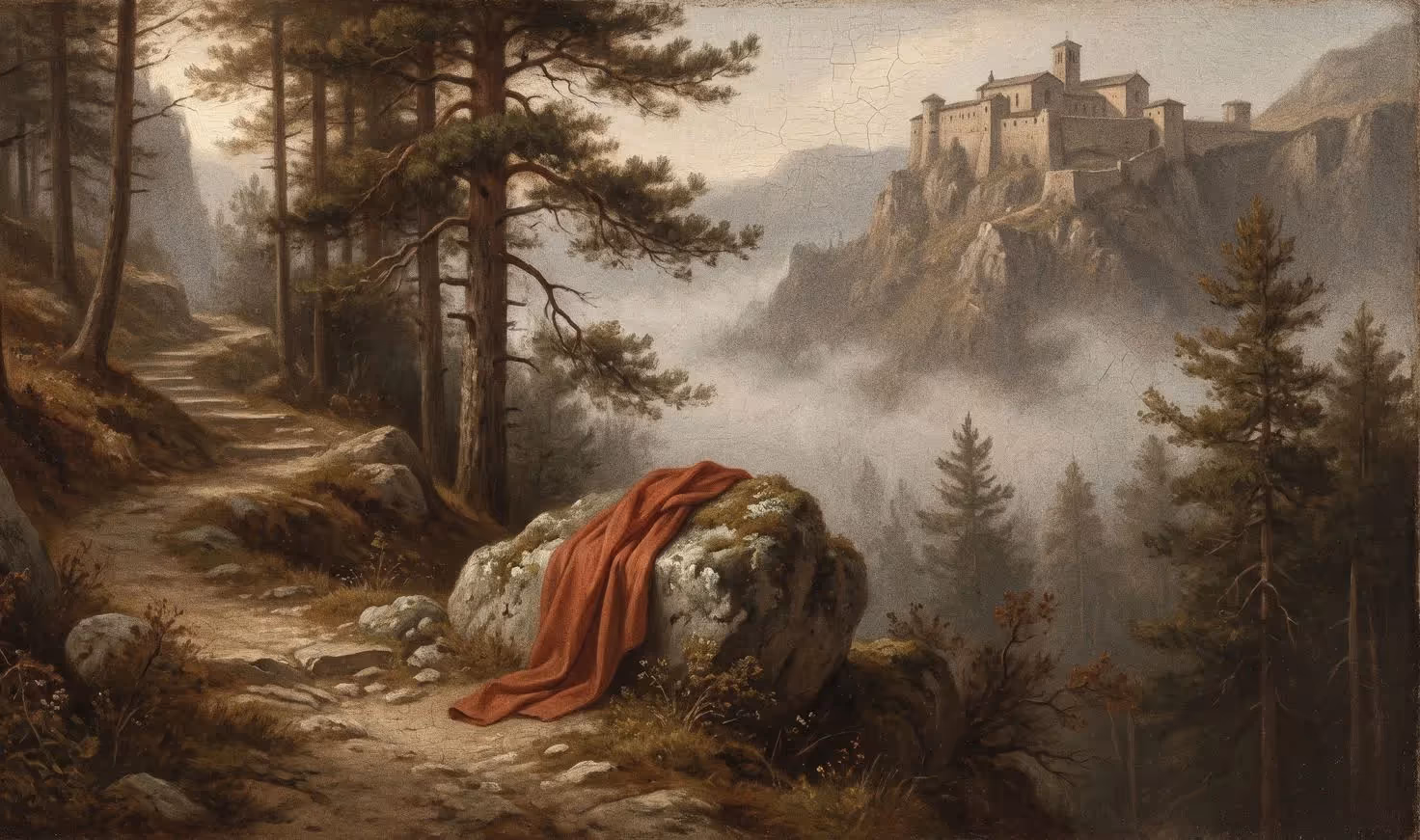 Renaissance-style landscape of a mountain path climbing toward a monastery in morning light, a red cloak on the trail