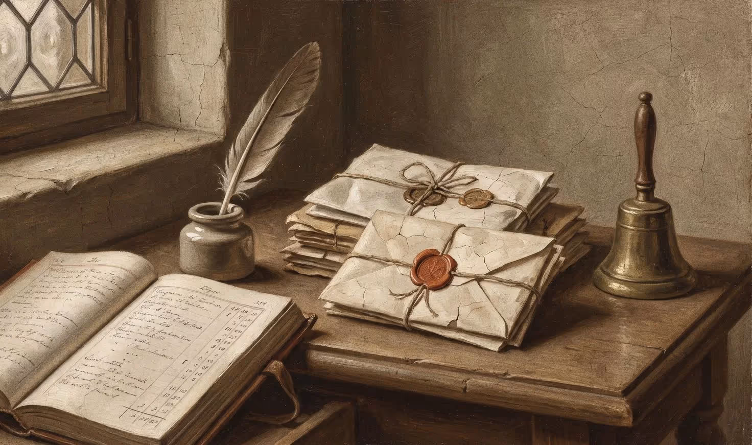 Renaissance-style still life of sealed letters, a quill and an open ledger by a window, one red wax seal