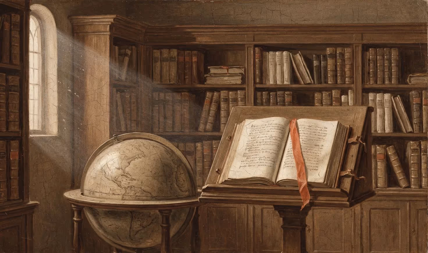 Renaissance-style study of an open library with globes and folios, a red bookmark in the open volume