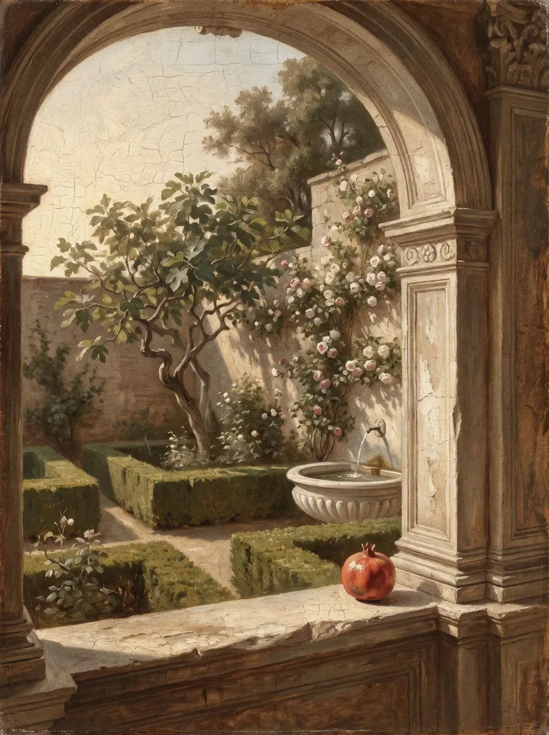 Oil painting of a garden loggia with climbing roses and a stone fountain