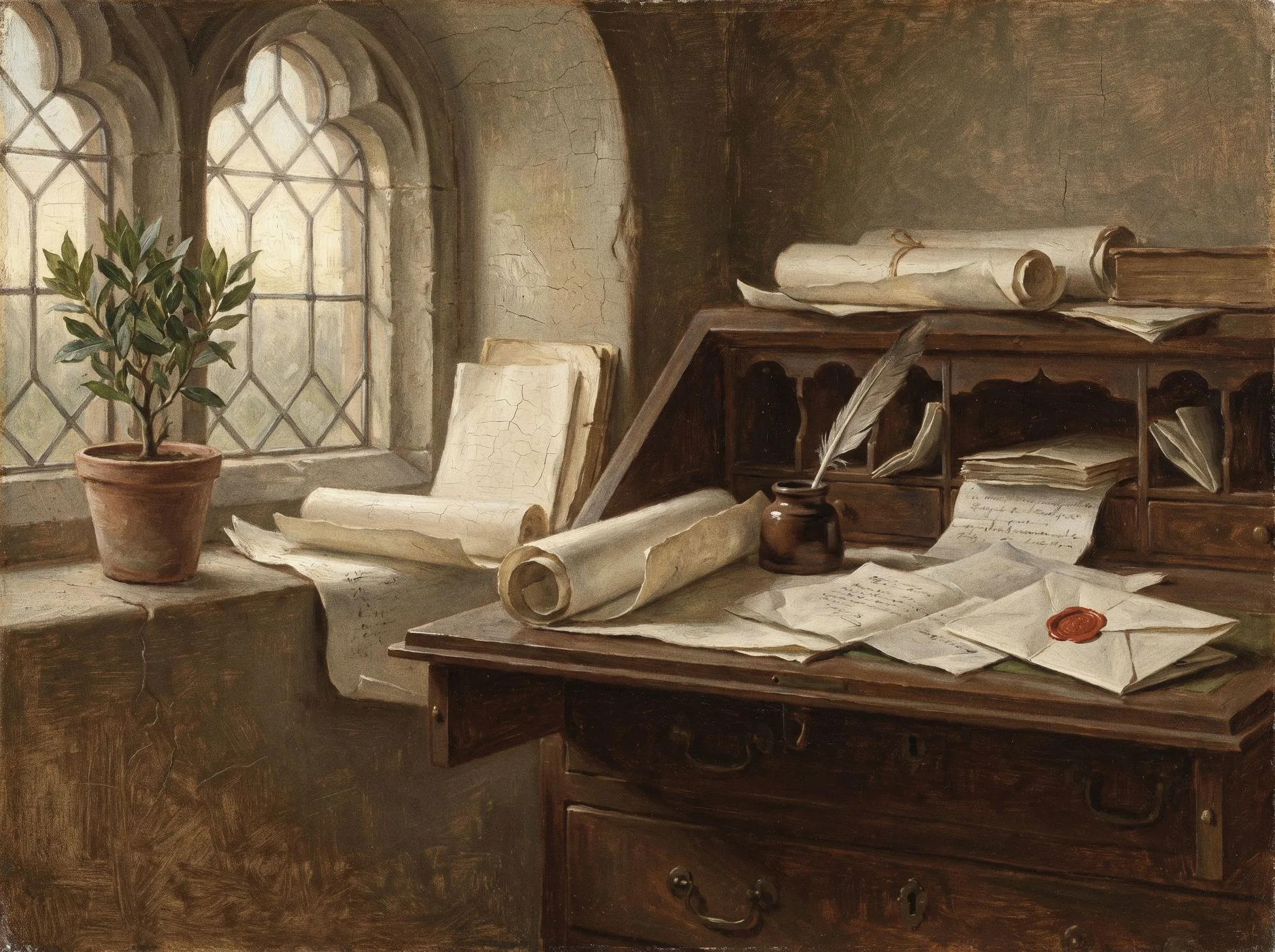 Oil painting of a scholar's desk beside a tall window: folded letters, a quill, an inkwell and a red wax seal in warm afternoon light