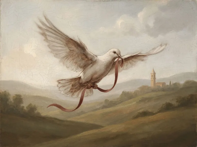 Oil painting of a white messenger dove carrying a red ribbon over rolling green hills, a bell tower on the far ridge