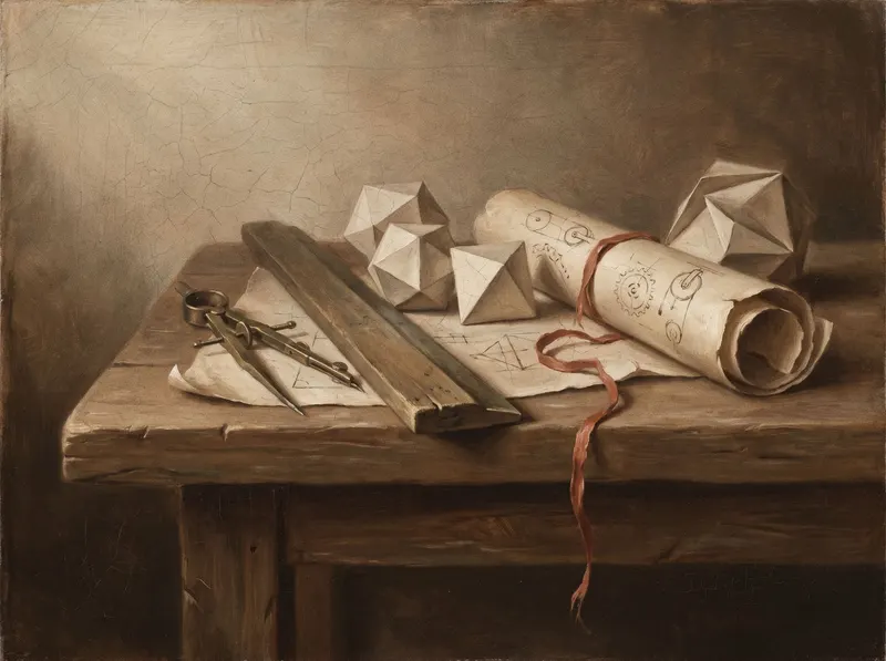 Oil painting of a Renaissance drafting workshop: brass compasses, rulers, and rolled scrolls laid out on a wooden bench in warm window light.