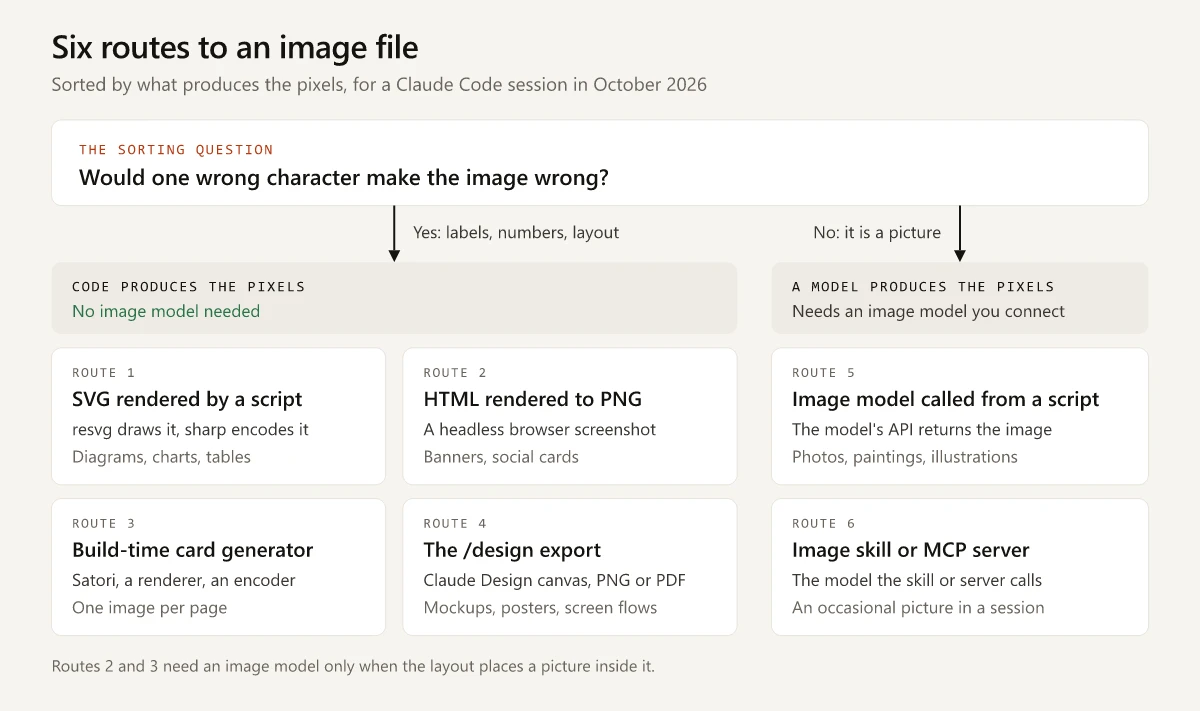 Decision map of six routes to an image file from a Claude Code session, sorted by one question, would one wrong character make the image wrong: yes leads to four code routes that need no image model (an SVG rendered by a script, HTML rendered to PNG, a build-time card generator and the /design export), and no, it is a picture, leads to two routes that need an image model (a script that calls one, or an image skill or MCP server)