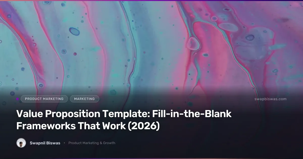 Fill-in-the-blank value proposition framework shown as labeled blanks for customer, job, outcome, and differentiator